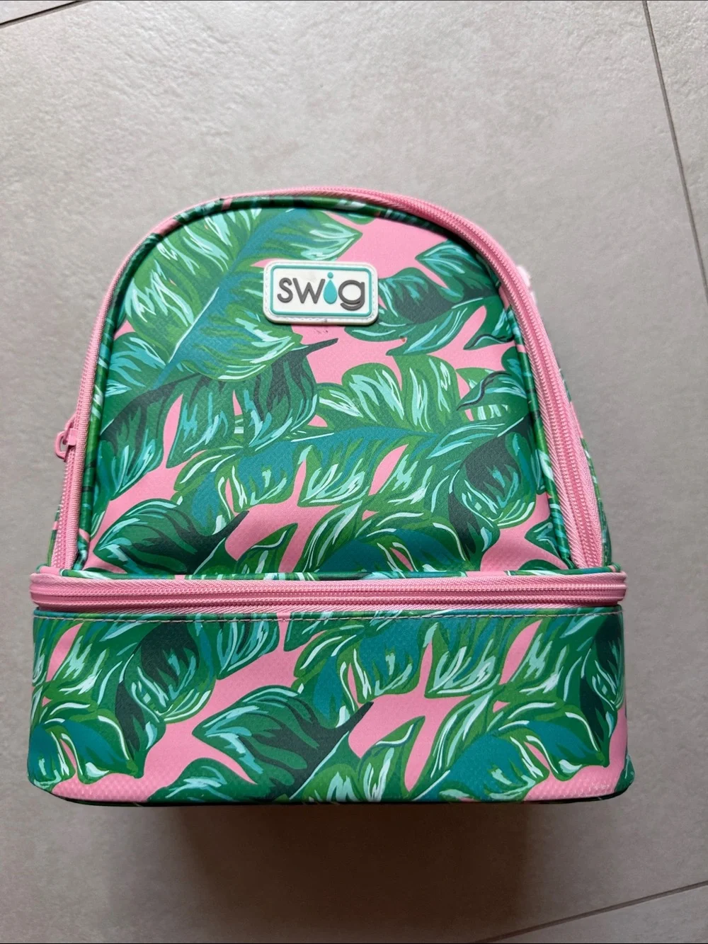 SWIG Pink & Green Tropical Leaf Cosmetic Lunch Bag